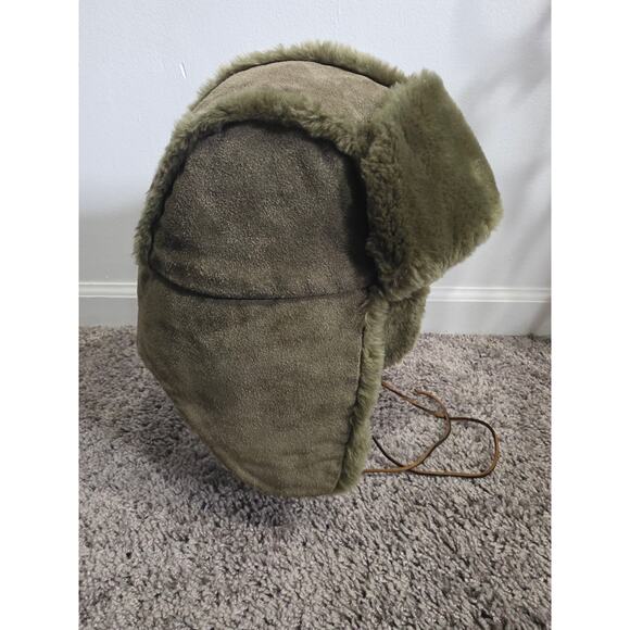 Vintage Gap Distressed Sherpa Fleece Lined Suede Leather Trapper Hat Green S/M - Picture 3 of 8